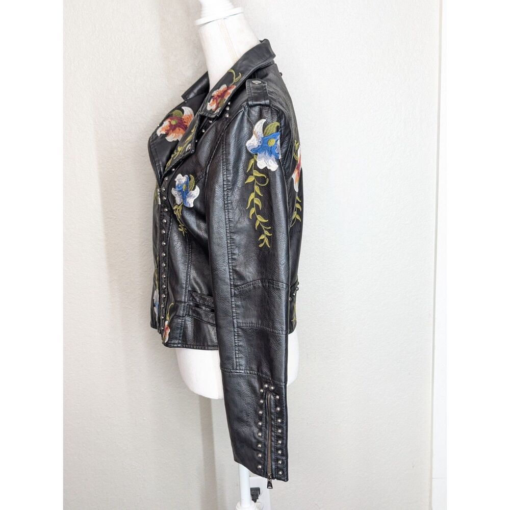 Faux Leather Biker Black Moto Jacket Floral Embroidery FLAWS Unique Approx Sz S - Picture 8 of 16